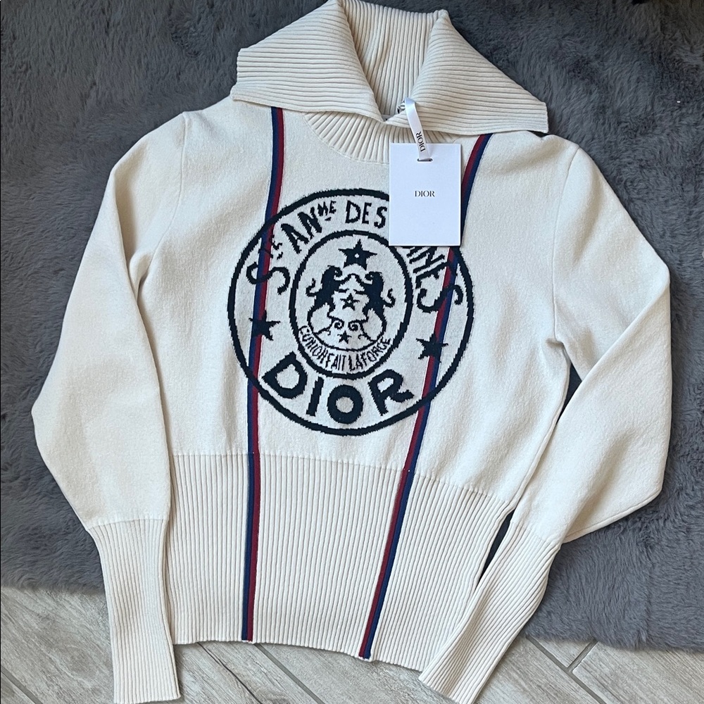 Dior Cream Sweater with Navy & Red Logo Stripes
